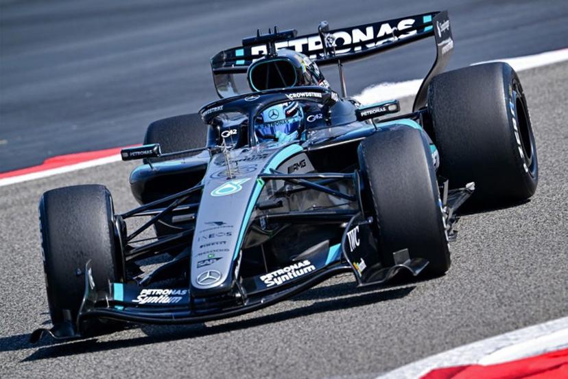 Mercedes' British driver George Russell drives on the third day of the Formula One pre-season testing at the Bahrain International Circuit in Sakhir on February 13, 2026. Giuseppe CACACE / AFP