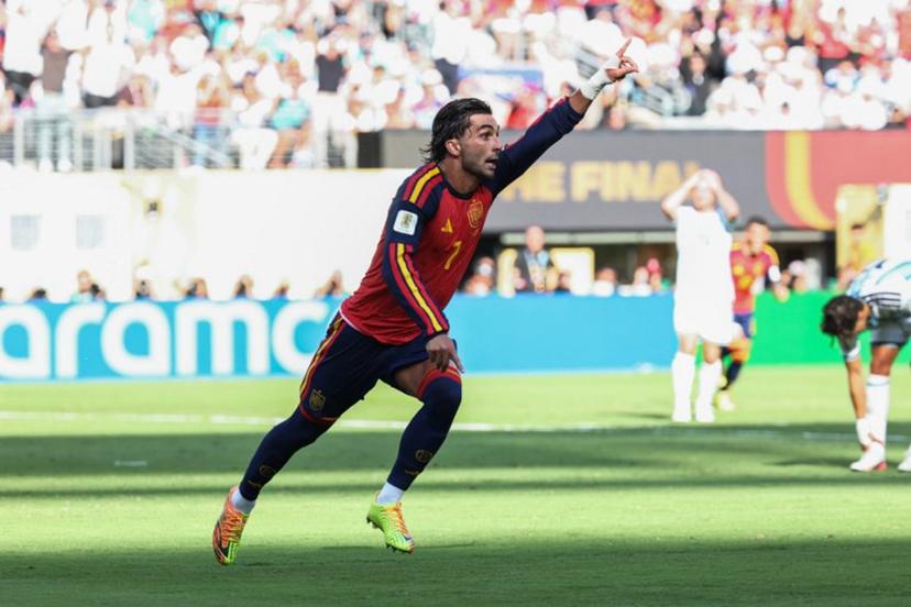 Spain's forward #07 Ferran Torres celebrates scoring his team's first goal during the 2026 World Cup football tournament final match between Spain and Argentina at the New York/New Jersey Stadium in East Rutherford on July 19, 2026. FRANCK FIFE / AFP