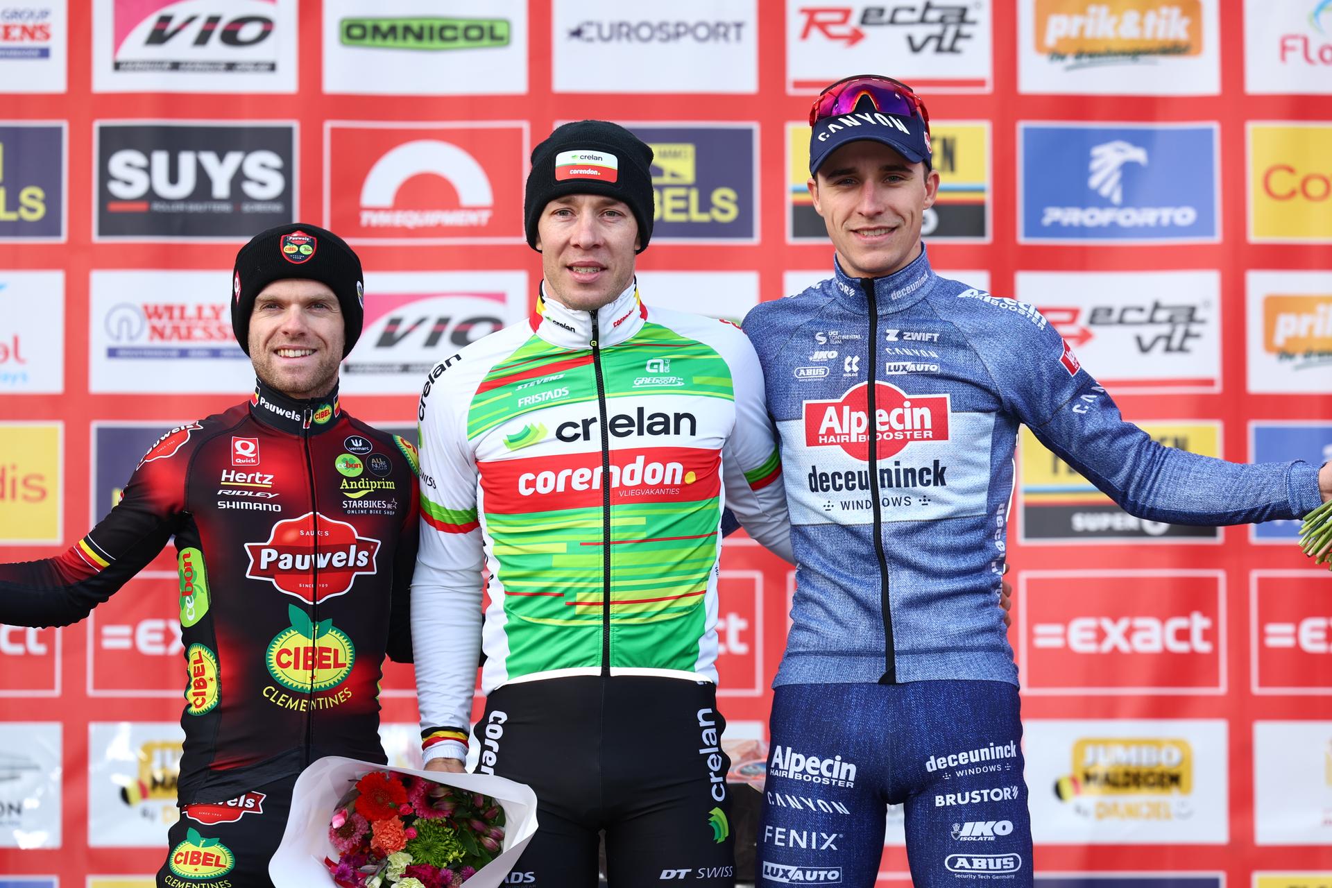 Belgian Eli Iserbyt, Belgian Laurens Sweeck and Belgian Niels Vandeputte pictured on the podium after the men's elite race of the 'Parkcross' cyclocross cycling event, race 6/7 in the 'Exact Cross' competition, in Maldegem. BELGA PHOTO DAVID PINTENS