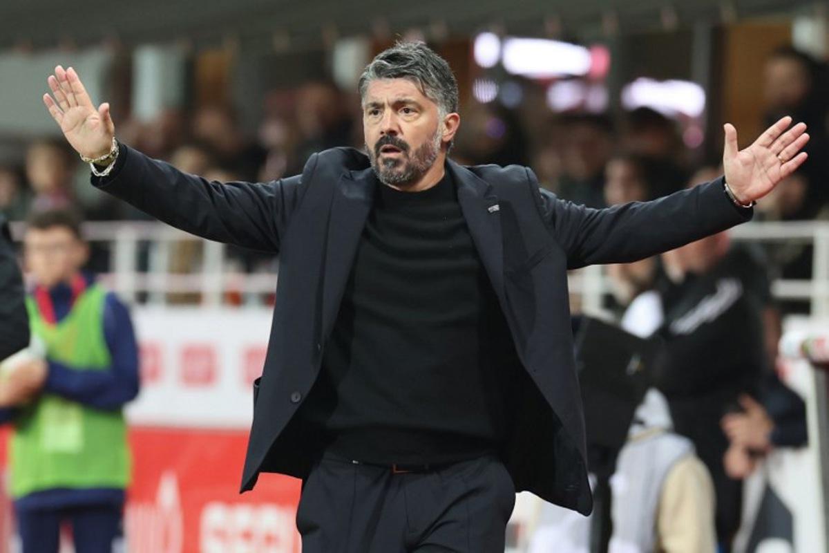 Marseillle's Italian head coach Gennaro Gattuso reacts during the French L1 football match between Stade Brestois 29 (Brest) and Olympique de Marseille (OM) at the Francis-Le Ble stadium in Brest, western France, on February 18, 2024. FRED TANNEAU / AFP
