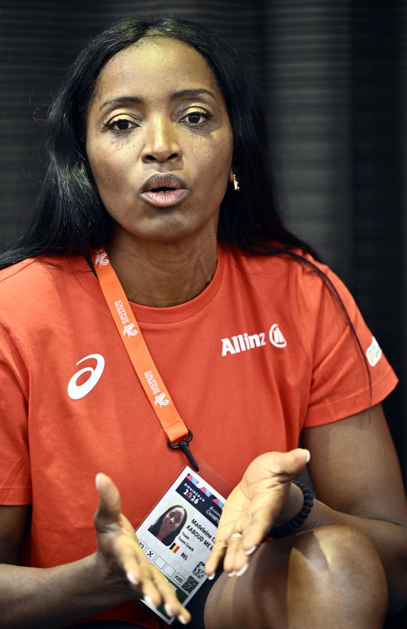 Belgian athletics coach Carole Kaboud Me Bam pictured during a press conference before the European Athletics Championships (August 10¿18), in Birmingham, United Kingdom, on Saturday 8 August 2026. BELGA PHOTO ERIC LALMAND