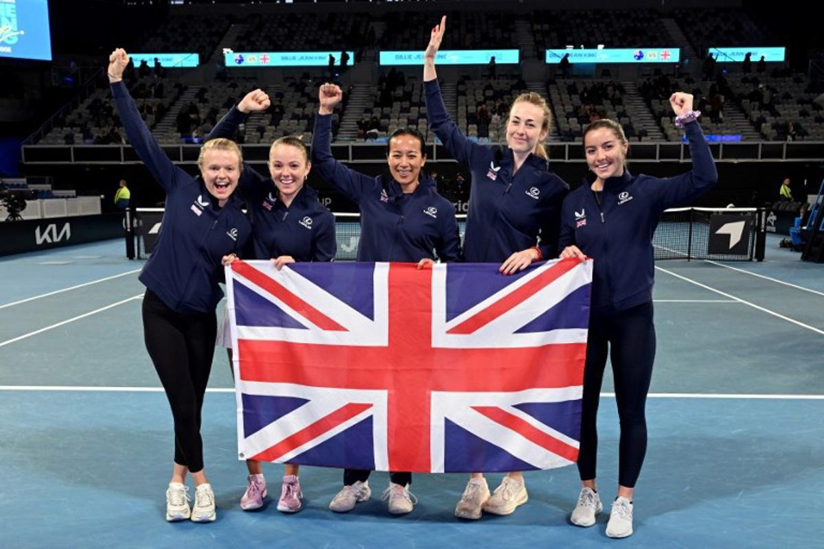 (L-R) Britain's Harriet Dart, Katie Swan, team captain Anne Keothavong, Mika Stojsavljevic and Jodie Burrage celebrate after winning the Billie Jean King Cup tennis tie against Australia in Melbourne on April 11, 2026. William WEST / AFP