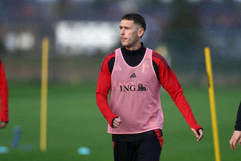 Belgium's Lucas Stassin pictured during a training session of the Belgian national soccer team Red Devils U21 ahead of their Euro qualifying match against Austria, at the Royal Belgian Football Association's training center, in Tubize, Tuesday 11 November 2025. BELGA PHOTO BRUNO FAHY