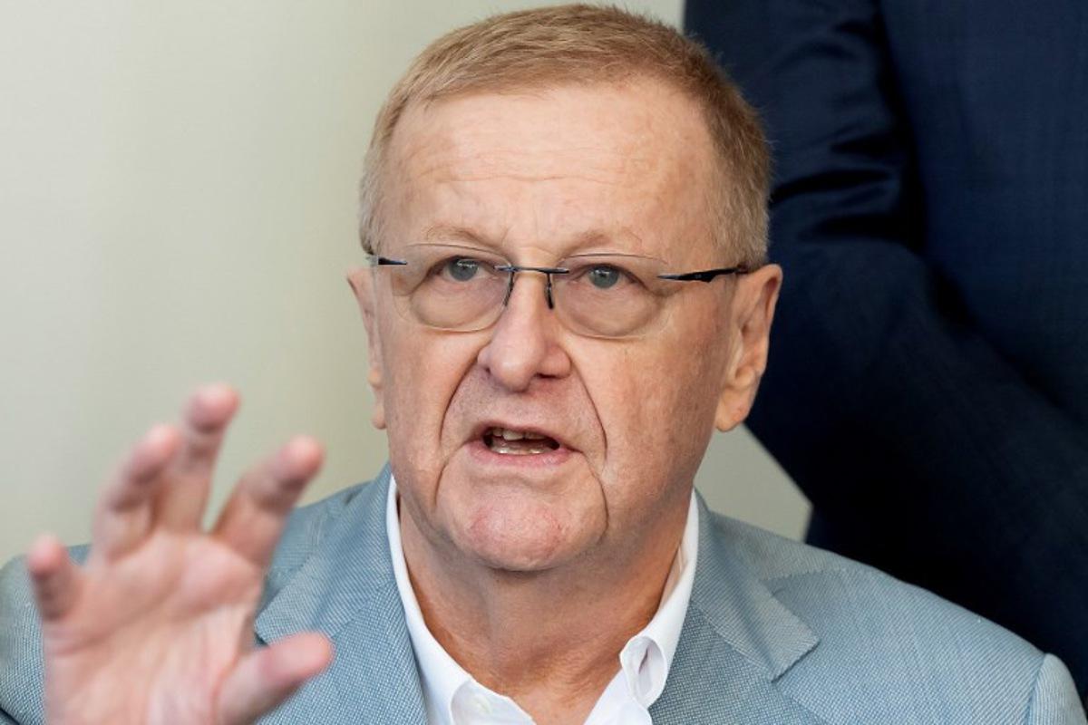 John Coates, Vice President of organising committee for the Brisbane 2032 Olympic Games, speaks at a press conference after a meeting of the board members with International Olympic Committee (IOC) President Thomas Bach in Sydney on May 1, 2022. Wendell Teodoro / AFP