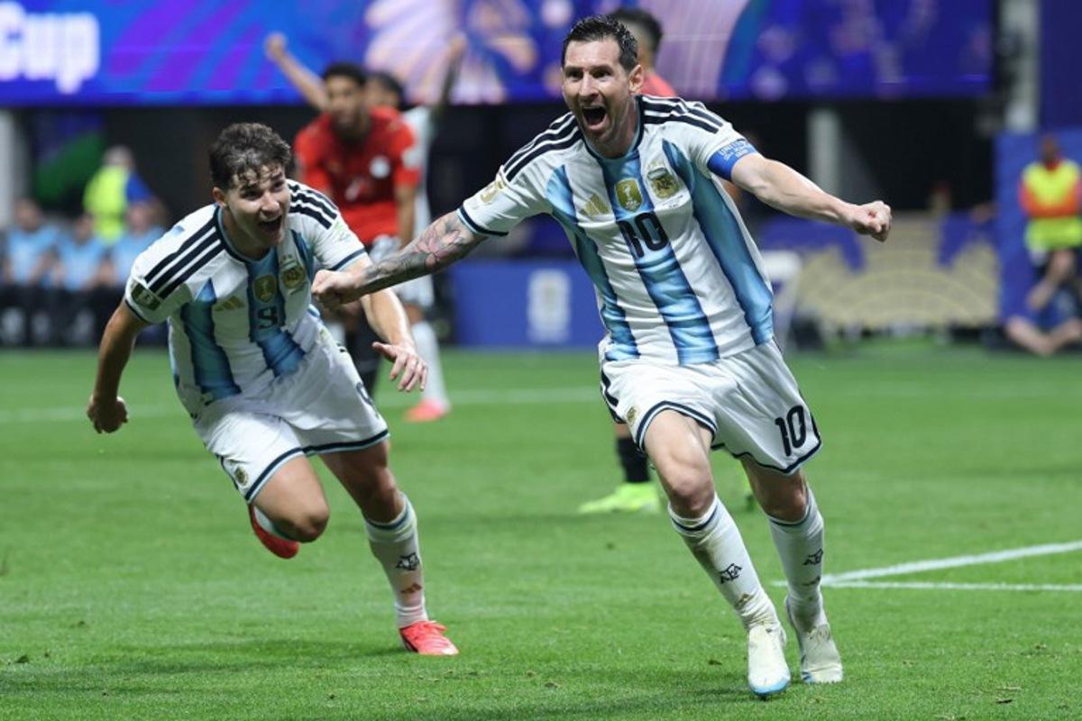 Argentina's forward #10 Lionel Messi celebrates scoring his team's second goal during the 2026 World Cup round of 16 football match between Argentina and Egypt at Atlanta Stadium in Atlanta on July 7, 2026. Thomas COEX / AFP