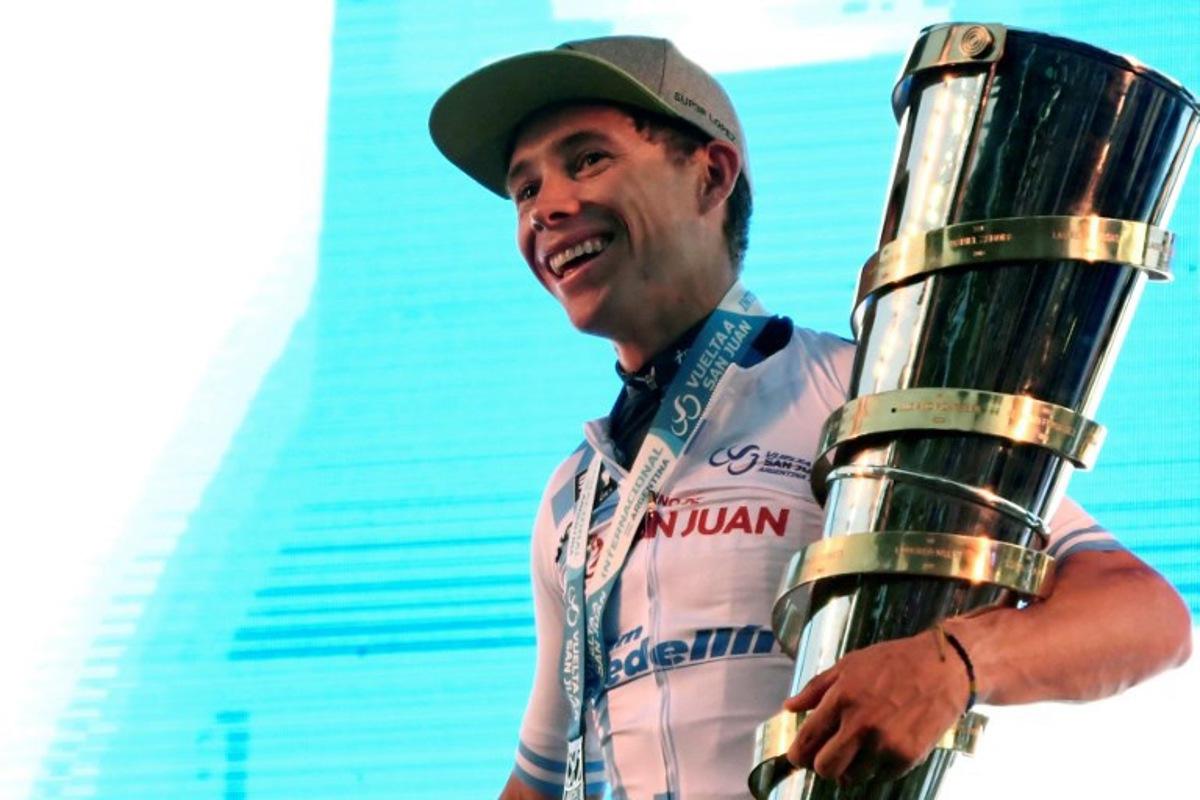 Colombia's Miguel Angel Lopez celebrates at the podium of the Vuelta a San Juan 2023, in San Juan, Argentina, on January 29, 2023. Andres Larrovere / AFP