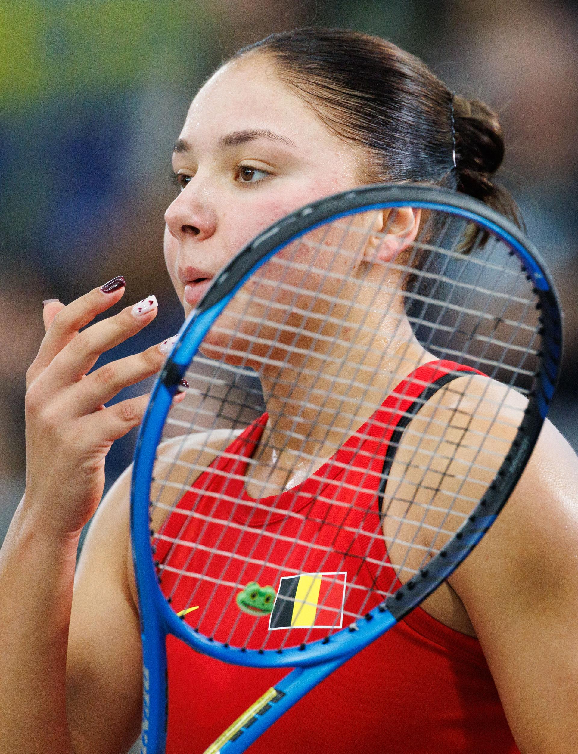 Belgian Sofia Costoulas pictured during the first game between Belgian Costoulas and Turkish Aksu in the Billie Jean King Cup Play-offs, between Belgium and Turkey, on Saturday 15 November 2025 in Ismaning, Germany. PHOTO BENOIT DOPPAGNE
