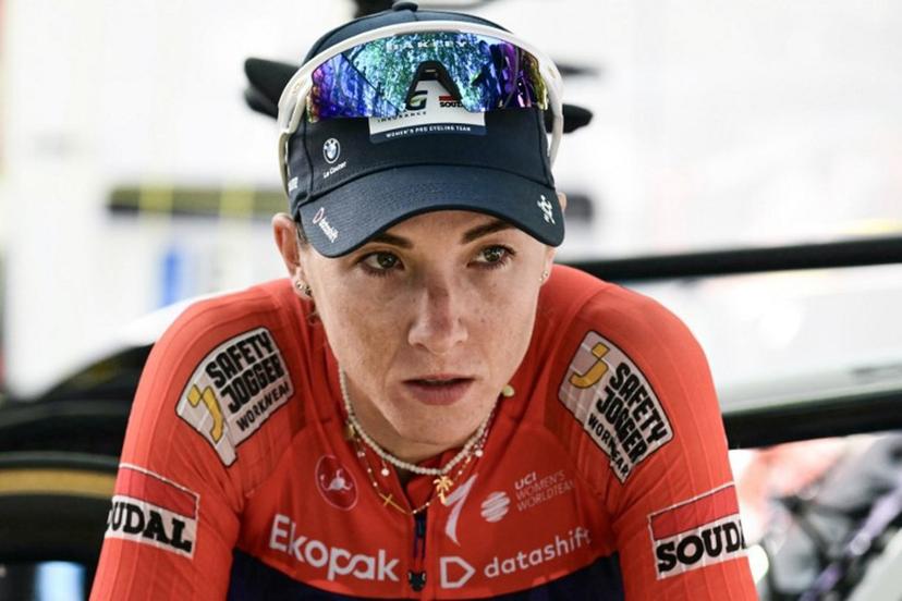 AG Insurance-Soudal Team's Mauritian rider Kim Le Court-Pienaar looks on after winning the 6th (out of 9) stage of the fifth edition of the Women's Tour de France cycling race, 153.4 km from Montbrison to Tournon-sur-Rhone, in Tournon-sur-Rhone, central-eastern France on August 6, 2026. NICOLAS TUCAT / AFP