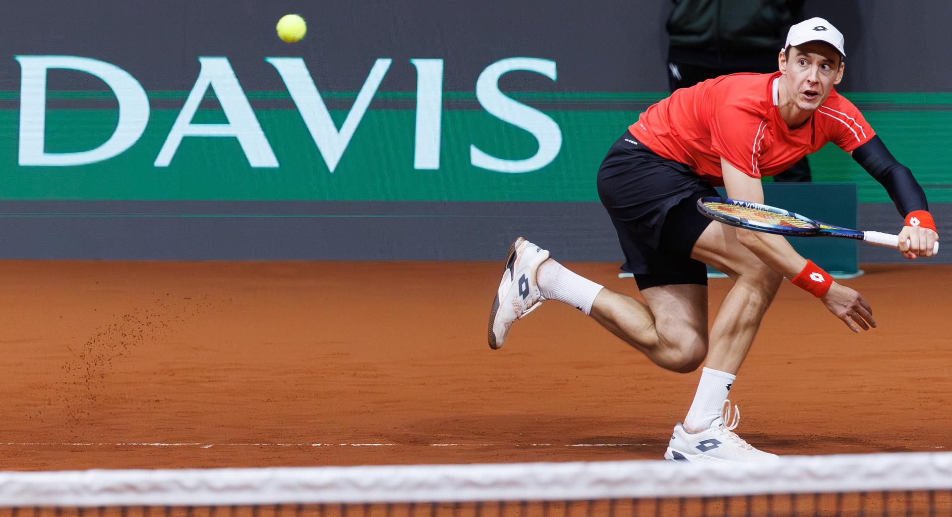 Belgian Joran Vliegen pictured in action during a doubles tennis match between Bulgarian Donski/Nesterov and Belgian Gille/Vliegen, match 3 of the qualifier of the Davis Cup on Sunday 08 February 2026, in Plovdiv, Bulgaria. Belgium will compete this weekend in the Davis Cup qualifiers against Bulgaria. BELGA PHOTO BENOIT DOPPAGNE