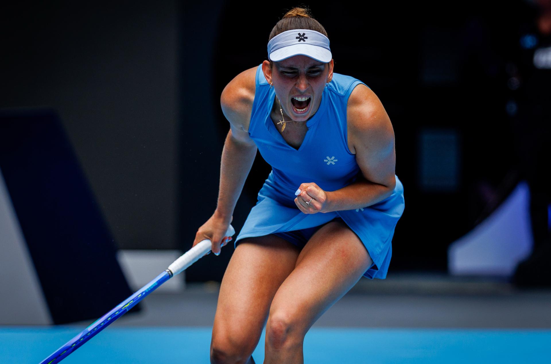 Belgian Elise Mertens pictured during a doubles tennis match between Belgian-Chinese pair Mertens-Zhang and Kazakh/Serbian pair Danilina/Krunic, in the final of the women doubles at the Australian Open, Melbourne Park, Melbourne on Saturday 31 January 2026. BELGA PHOTO PATRICK HAMILTON --- BENELUX ONLY ---