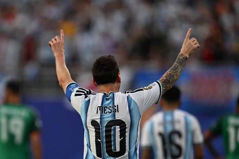 Argentina's forward #10 Lionel Messi celebrates scoring his team's first goal during the 2026 World Cup Group J football match between Argentina and Algeria at the Kansas City Stadium in Kansas City on June 16, 2026. Roberto SCHMIDT / AFP