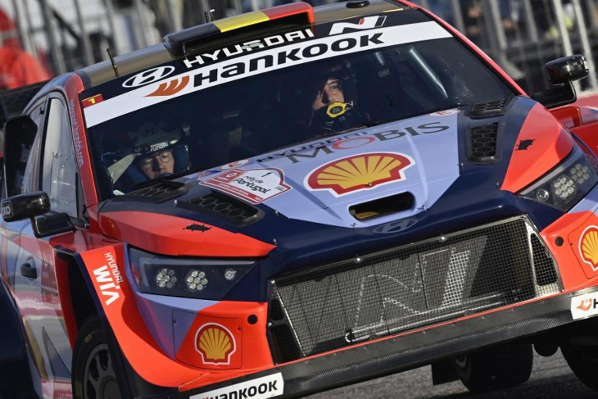 Thierry Neuville of Belgium and his co-driver Martijn Wydaeghe of Belgium compete in their Hyundai i20 N during the SS1 stage of the World Rally Championship (WRC) Rally of Portugal in Figueira da Foz, on May 15, 2025. MIGUEL RIOPA / AFP