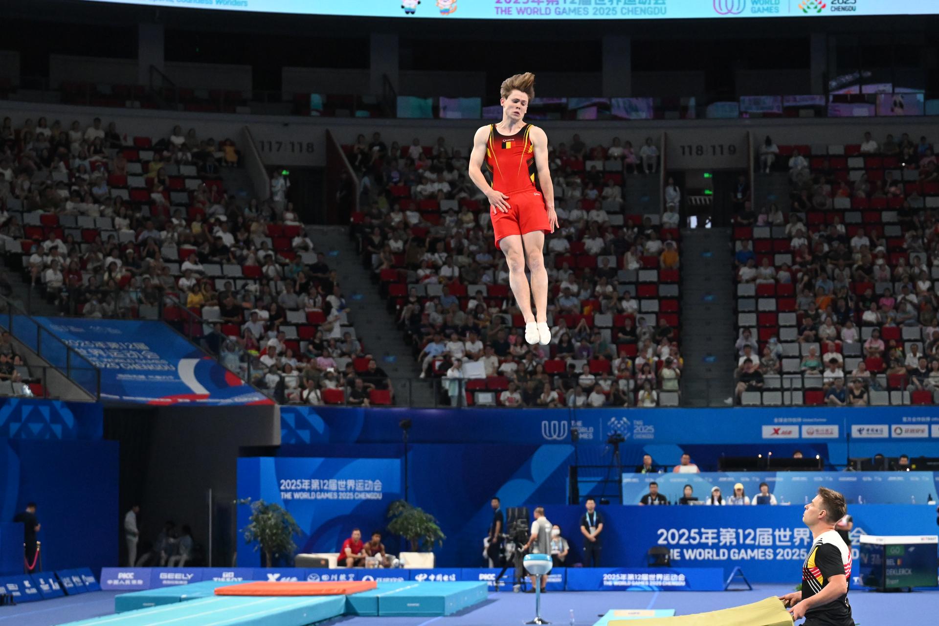 ATTENTION EDITORS - HANDOUT PICTURE - EDITORIAL USE ONLY - MANDATORY CREDIT BOIC - COIB - Belgian Brent Deklerck pictured in action during the Double Mini Trampoline competition of the World Games 2025, in Chenghdu, China, on Saturday 9 AUgust 2025. This year, the World Games take place from 07 to 17 augustus. PHOTO HANDOUT BOIC - COIB