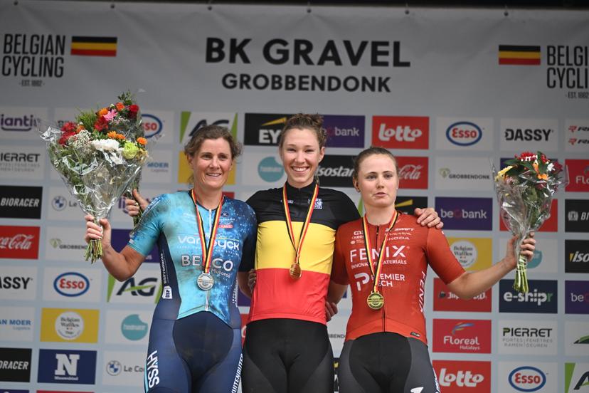 Loes Sels,Nathalie Bex and Marthe Truyen celebrate on the podium of the elite race at the Belgian Gravel Championships, Sunday 16 August 2026 in Grobbendonk. BELGA PHOTO ELIAS ROM