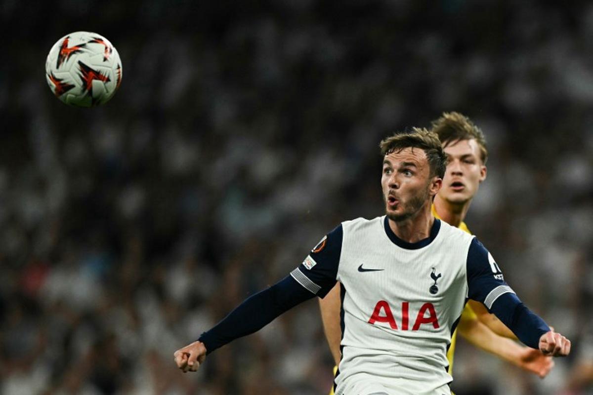 Tottenham Hotspur's English midfielder #10 James Maddison eyes the ball as he prepares to control it prior to shoot and score his team second goal during the UEFA Europa League Semi-Final First Leg football match between Tottenham Hotspur and Bodoe/Glimt at the Tottenham Hotspur Stadium in London, on May 1, 2025. Ben STANSALL / AFP