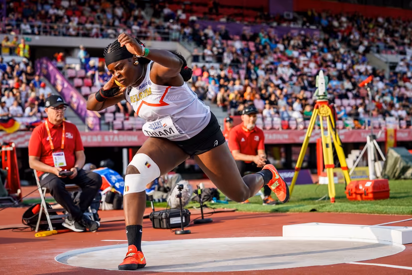 Belgian Nafy Thiam pictured during the Shot Put competition of the European Athletics U20 Championships, in Tampere, Finland, Saturday 09 August 2025. The European U20 championships take place from 07 to 10 August. BELGA PHOTO COEN SCHILDERMAN