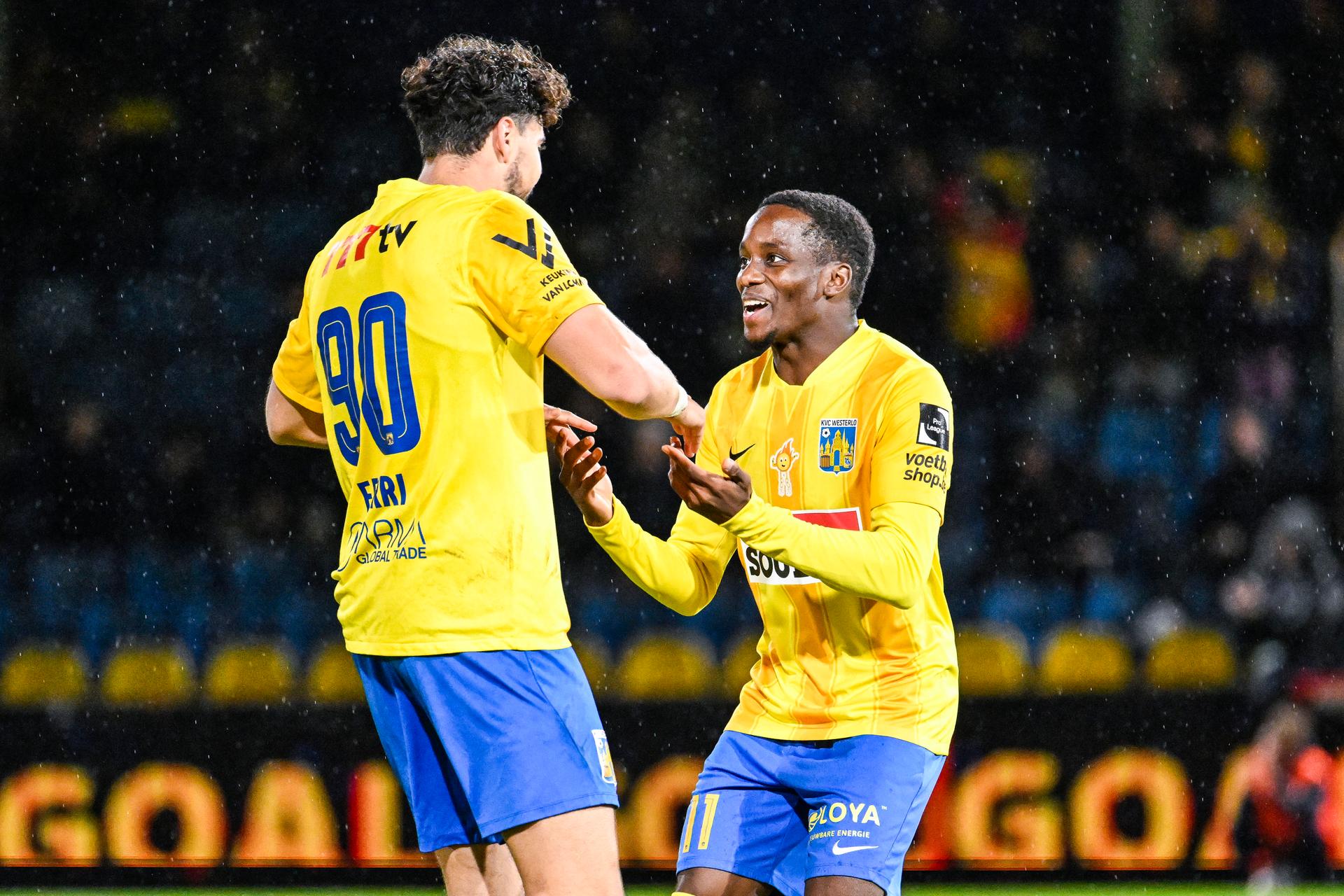 Westerlo's Nacho Ferri and Westerlo's Adedire Mebude celebrate after scoring during a soccer match between KVC Westerlo and Oud-Heverlee Leuven, Sunday 05 October 2025 in Westerlo, on day 10 of the 2025-2026 'Jupiler Pro League' first division of the Belgian championship. BELGA PHOTO TOM GOYVAERTS