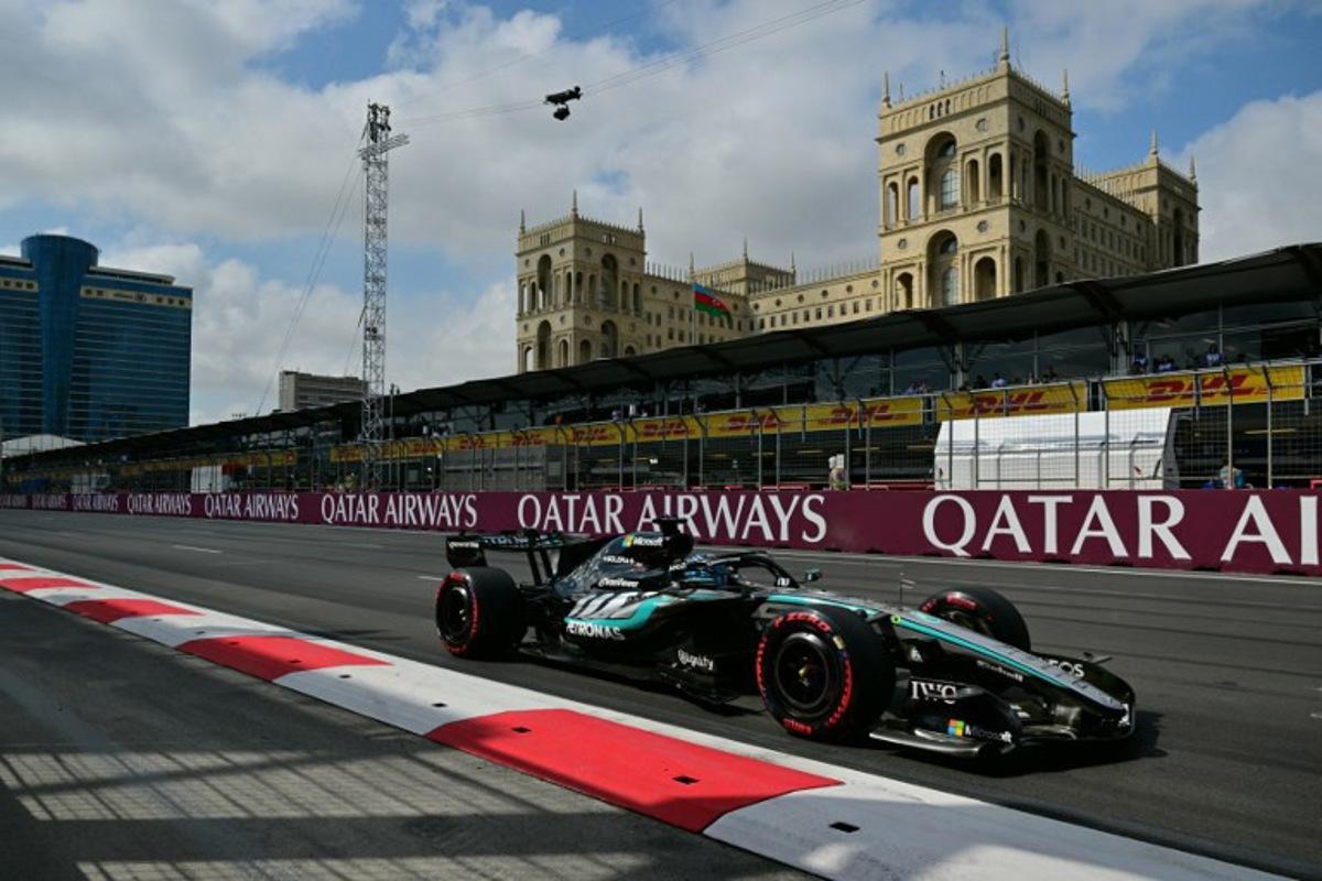 Mercedes' British driver George Russell steers his car during the third practice session ahead of the Formula One Azerbaijan Grand Prix at the Baku City Circuit in Baku on September 25, 2026. Andrej ISAKOVIC / AFP
