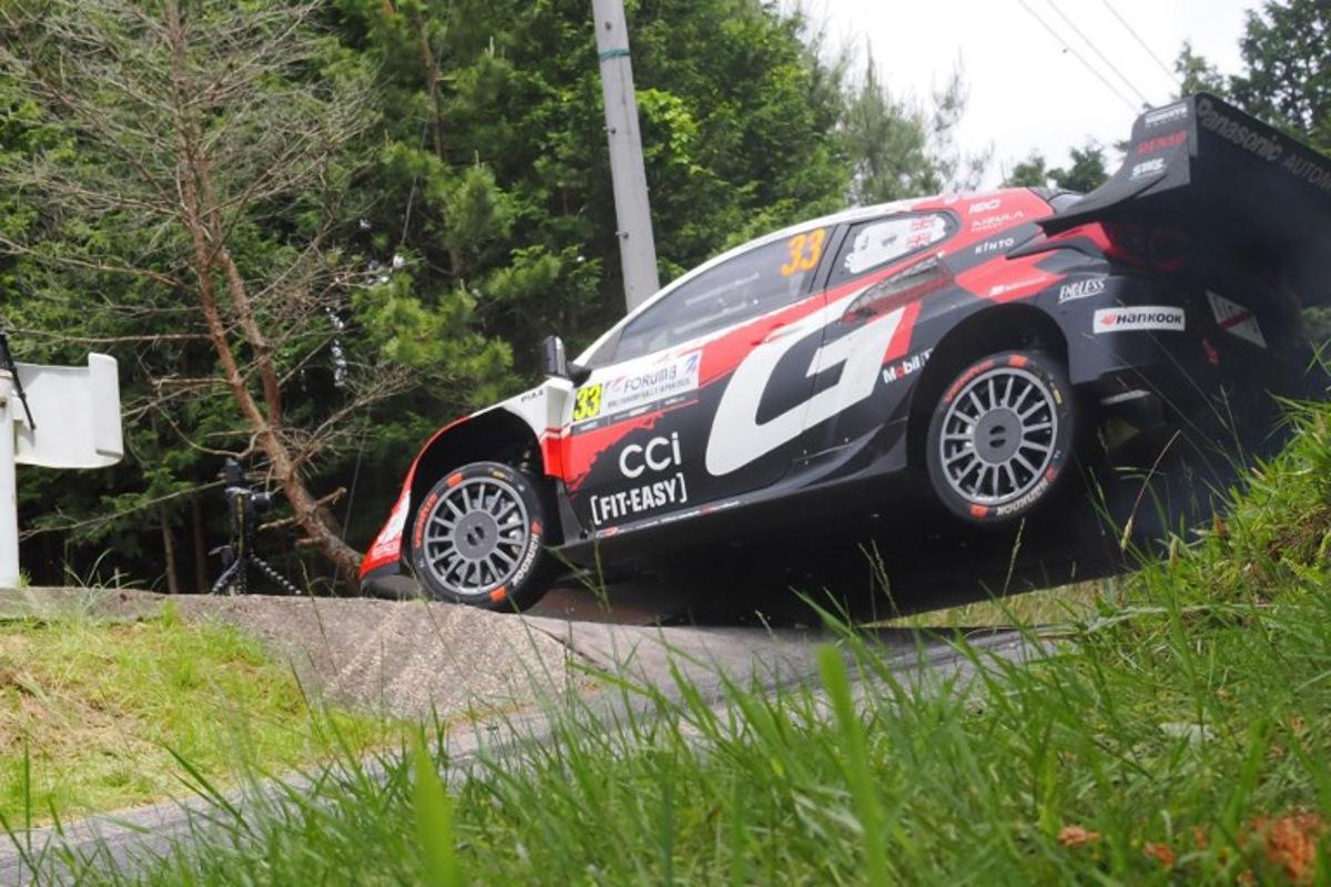 Elfyn Evans of Britain and his co-driver Scott Martin of Britain drive their Toyota GR Yaris Rally1 during the SS19 Nukata section of the Rally Japan, the 7th round of FIA World Rally Championships, in Shinshiro city, Aichi prefecture on May 31, 2026. Toshifumi KITAMURA / AFP