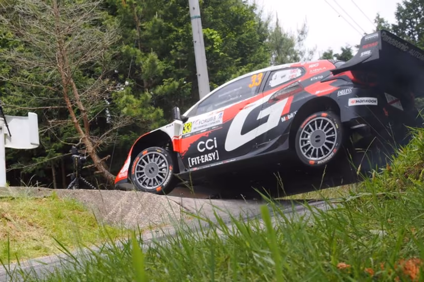 Elfyn Evans of Britain and his co-driver Scott Martin of Britain drive their Toyota GR Yaris Rally1 during the SS19 Nukata section of the Rally Japan, the 7th round of FIA World Rally Championships, in Shinshiro city, Aichi prefecture on May 31, 2026. Toshifumi KITAMURA / AFP