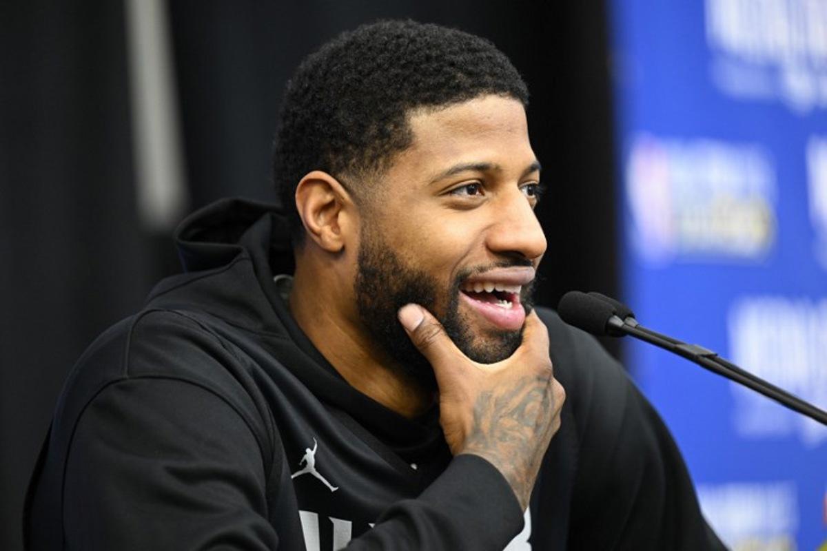 Basketball player Paul George, of the Los Angeles Clippers, speaks during a media availability as part of the 2023 NBA All-Star Weekend in Salt Lake City, Utah, on February 18, 2023. Patrick T. Fallon / AFP