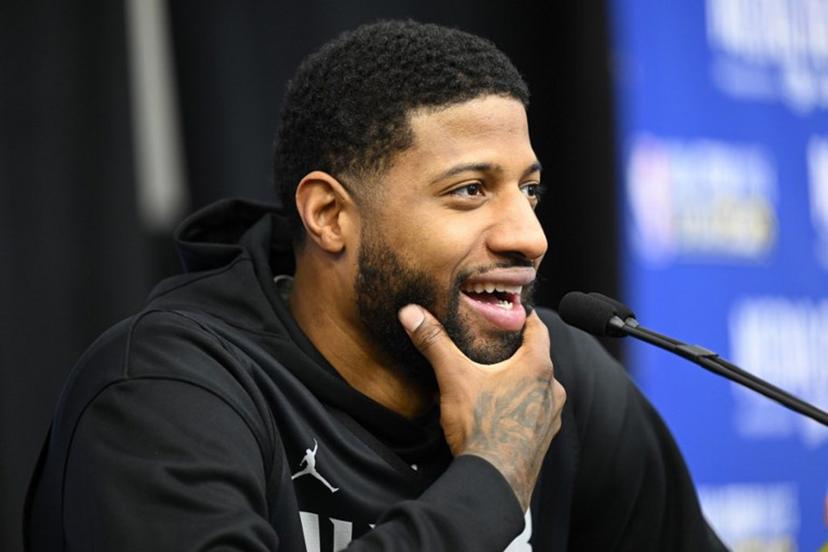 Basketball player Paul George, of the Los Angeles Clippers, speaks during a media availability as part of the 2023 NBA All-Star Weekend in Salt Lake City, Utah, on February 18, 2023. Patrick T. Fallon / AFP