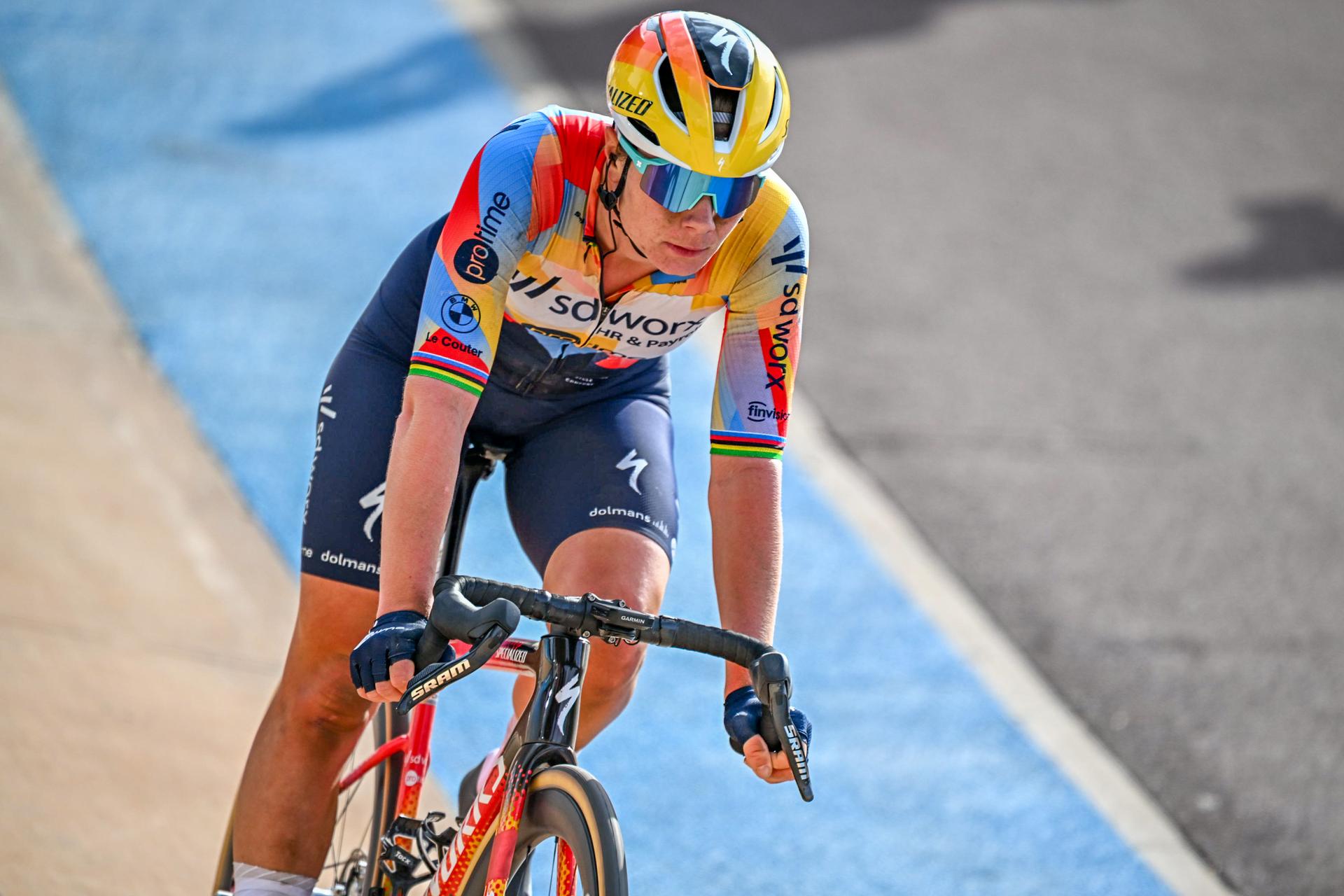 Belgian Lotte Kopecky crosses the finish line at the women's Paris-Roubaix cycling race, Sunday 12 April 2026, around Roubaix, France. The 123rd edition of Paris-Roubaix cycling races will take on Sunday, with the women riding 143,1 km the men riding 258,3 km on Sunday. BELGA PHOTO JASPER JACOBS