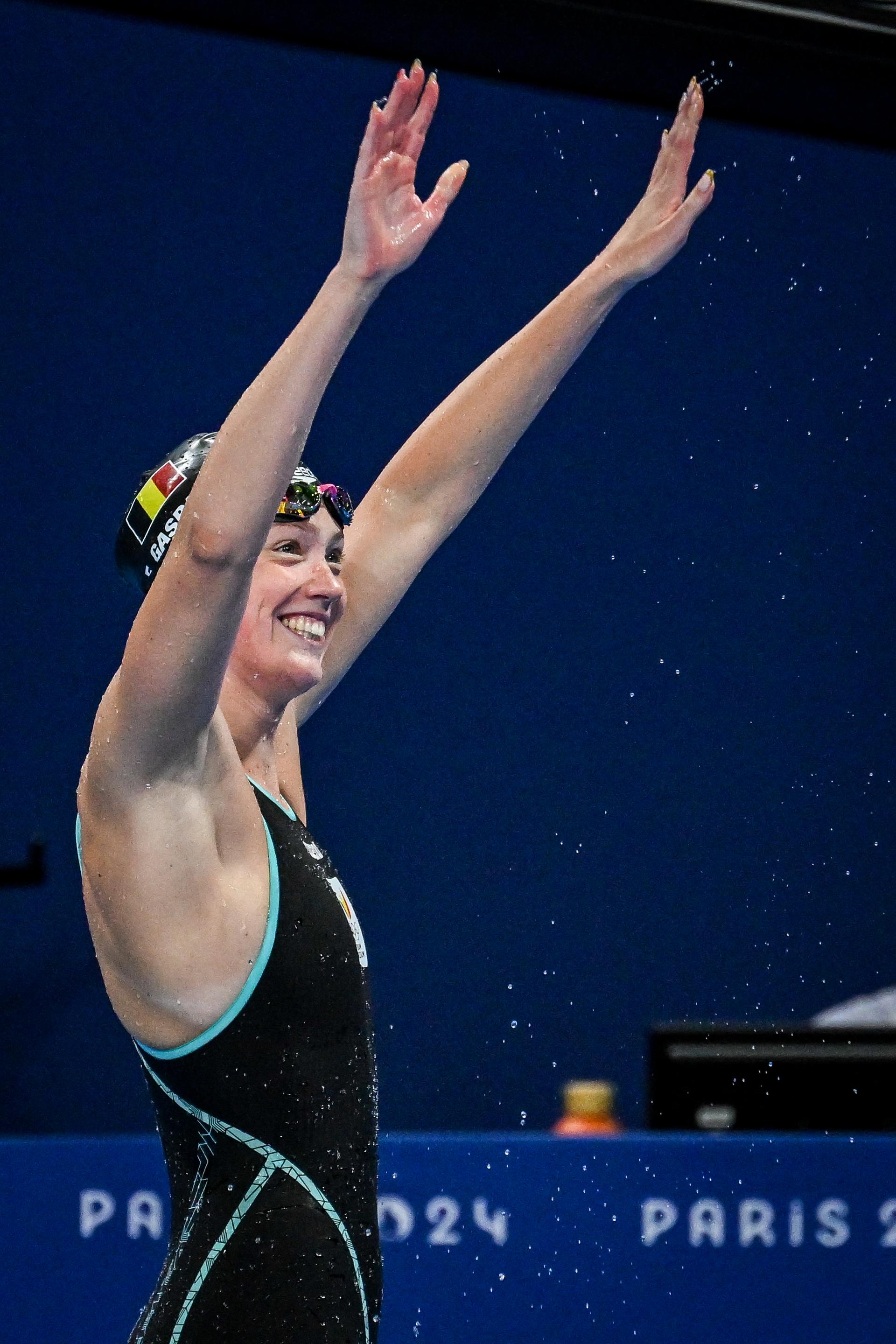 Belgian swimmer Florine Gaspard pictured after the heats of the women's 50m freestyle swimming competition at the Paris 2024 Olympic Games, on Saturday 03 August 2024 in Paris, France. The Games of the XXXIII Olympiad are taking place in Paris from 26 July to 11 August. The Belgian delegation counts 165 athletes competing in 21 sports. BELGA PHOTO ANTHONY BEHAR ** ** *** BELGIUM ONLY ***