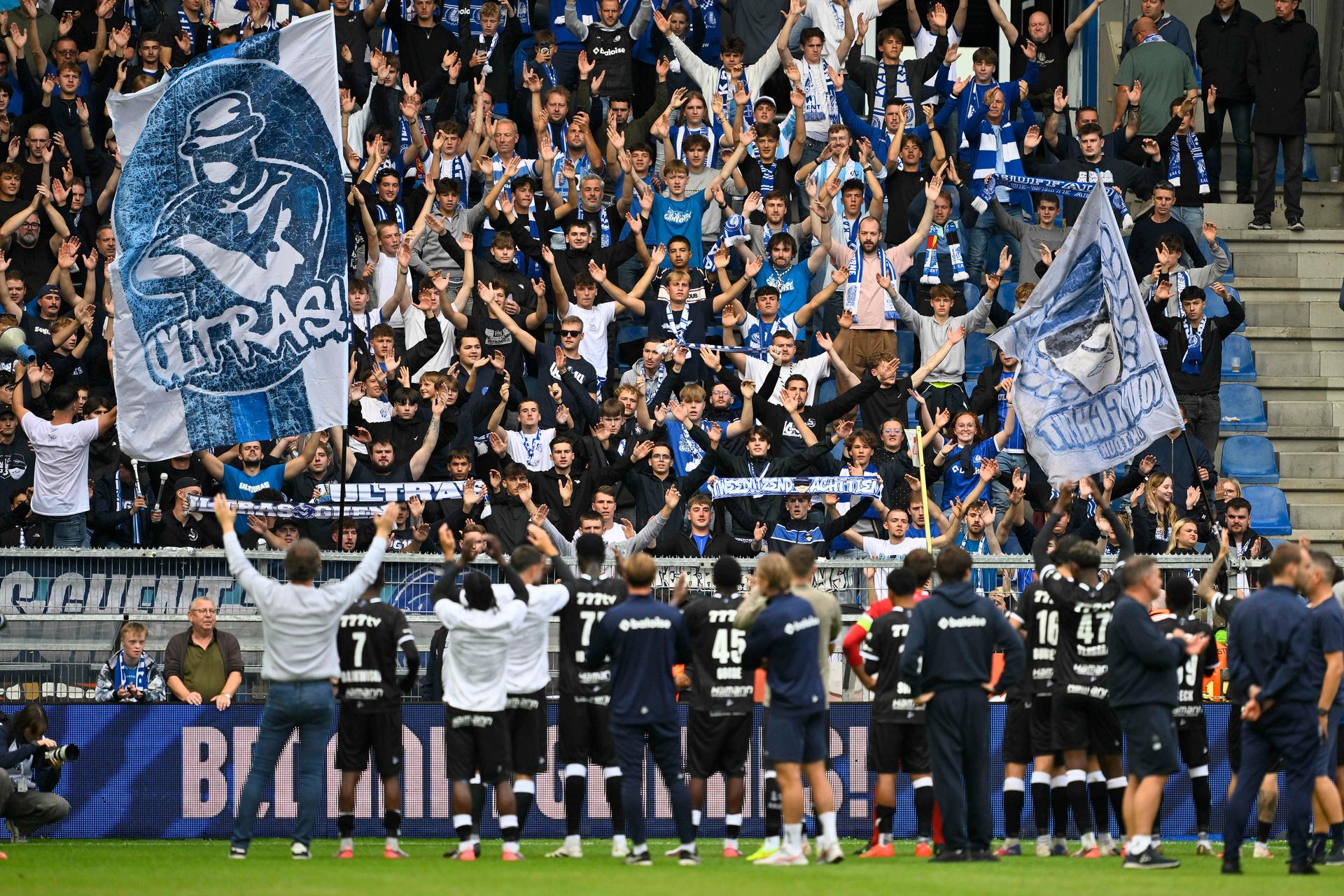 Gent's supporters are pictured after a soccer match between KRC Genk and KAA Gent, Sunday 13 September 2026 in Genk, on day 6 of the 2026-2027 'Jupiler Pro League' first division of the Belgian championship. BELGA PHOTO JOHAN EYCKENS