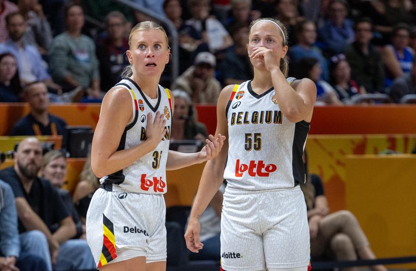 Belgium's Julie Allemand and Belgium's Julie Vanloo look dejected during a basketball game between Germany and Belgium national team Belgian Cats, a quarter final game at the FIBA Women's Basketball World Cup, on Thursday 10 September 2026, in Berlin, Germany. The FIBA Women's Basketball World Cup takes place in Berlin from 4 to 13 September 2026. BELGA PHOTO VIRGINIE LEFOUR