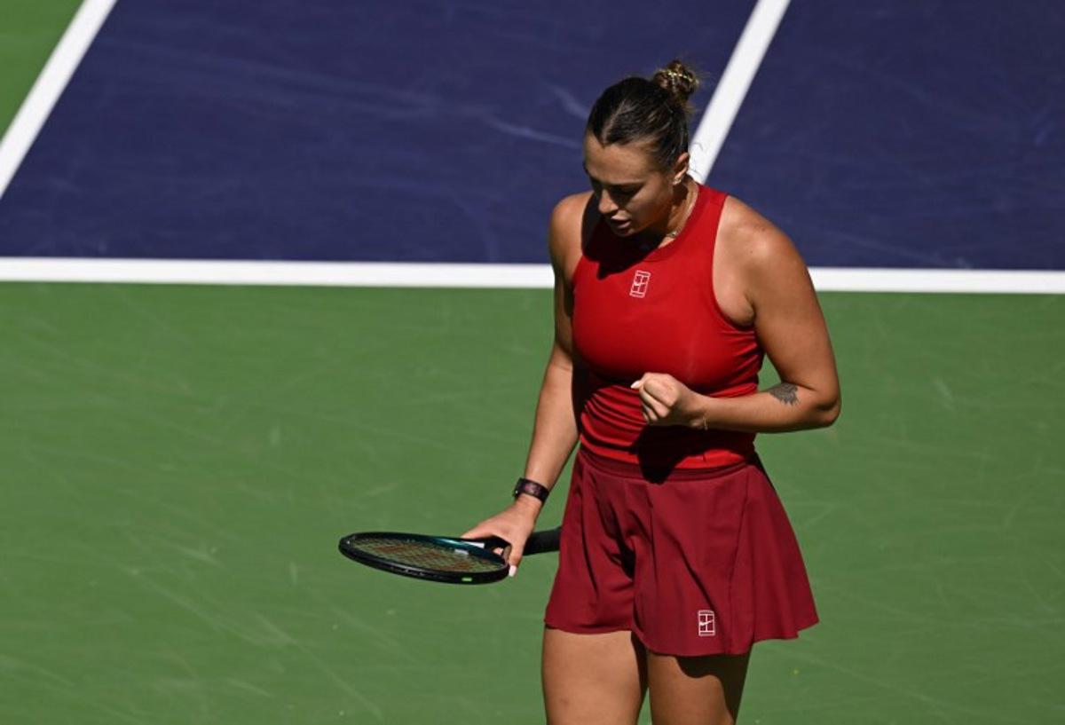 Belarus' Aryna Sabalenka celebrates during play against Russia's Mirra Andreeva during the women's singles final tennis match at the BNP Paribas Open at the Indian Wells Tennis Garden in Indian Wells, California, on March 16, 2025. Patrick T. Fallon / AFP