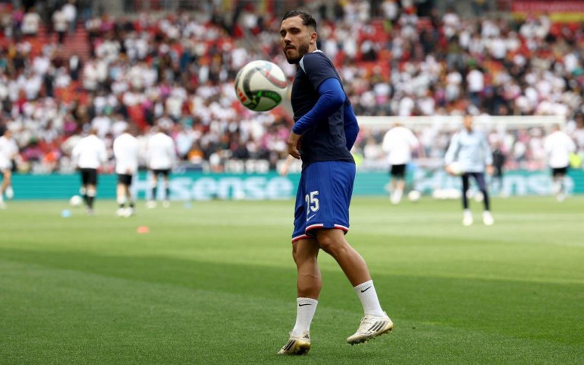 France's forward #25 Rayan Cherki warms up with a ball prior to the UEFA Nations League third place play-off football match between Germany and France in Stuttgart, southwestern Germany on June 8, 2025. FRANCK FIFE / AFP