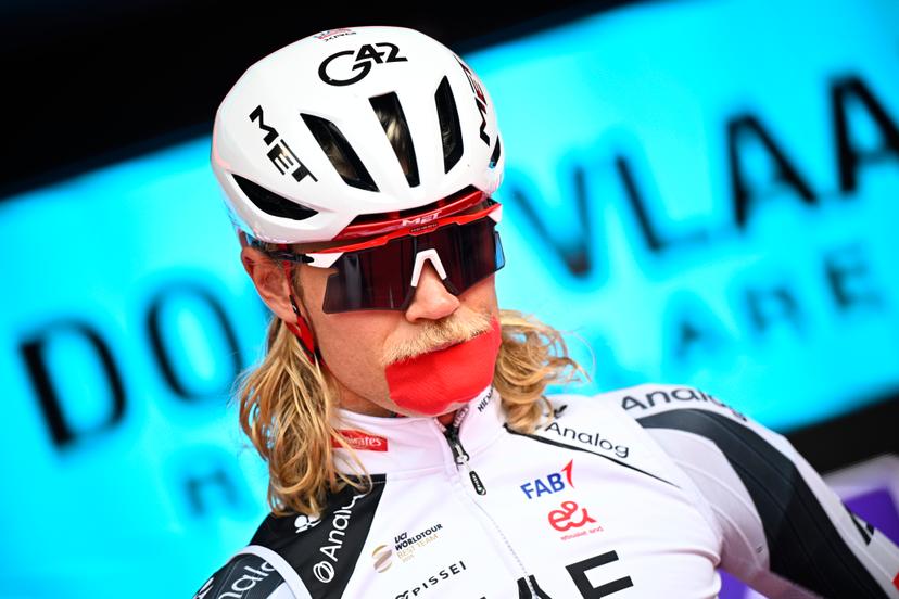 Danish Julius Johansen of UAE Team Emirates-XRG pictured at the start of the men elite race of the 'Dwars Door Vlaanderen' cycling event, 184,6km from Roeselare to Waregem, Wednesday 01 April 2026. BELGA PHOTO JASPER JACOBS