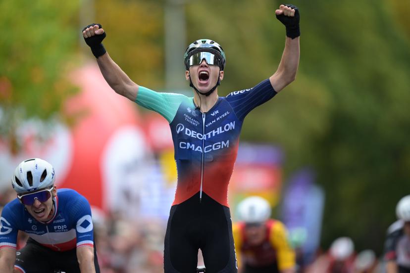 Aubin Sparfel of Decathlon CMA CGM pictured as he crosses the finish line of the one day cycling race Grand Prix de Wallonie 2026 (196,8 km), in Namur, on Wednesday 16 September 2026. BELGA PHOTO DAVID PINTENS