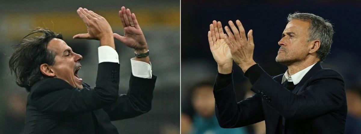 (COMBO) This combination of pictures created on May 28, 2025 shows Inter Milan's Italian coach Simone Inzaghi (L) reacting during the Italian Serie A football match between Inter Milan and Napoli at San Siro stadium in Milan, on November 10, 2023 and Paris Saint-Germain's Spanish coach Luis Enrique reacts after loosing the UEFA Champions League, football match between Paris Saint-Germain (PSG) and Atletico Madrid, at the Parc des Princes stadium in Paris on November 6, 2024. It has taken almost 15 years of huge spending by their Qatari owners and an overdue shift away from signing glamorous superstars, but Paris Saint-Germain go into the May 31, 2025 Champions League final against Inter Milan as favourites to finally win the coveted trophy for the first time. FRANCK FIFE, Gabriel BOUYS / AFP