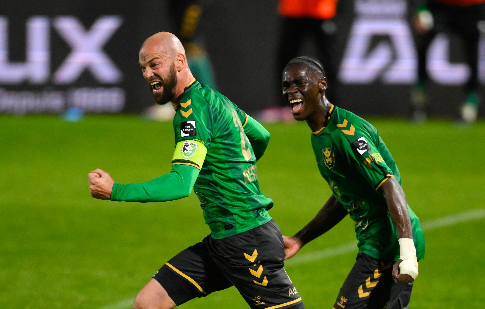 Francs Borains' Dorian Dessoleil celebrates after scoring during a soccer game between Royal Francs Borains and RSCA Futures, Friday 03 October 2025 in Boussu, on day 9 of the 2025-2026 'Challenger Pro League' 1B second division of the Belgian championship. BELGA PHOTO JOHN THYS