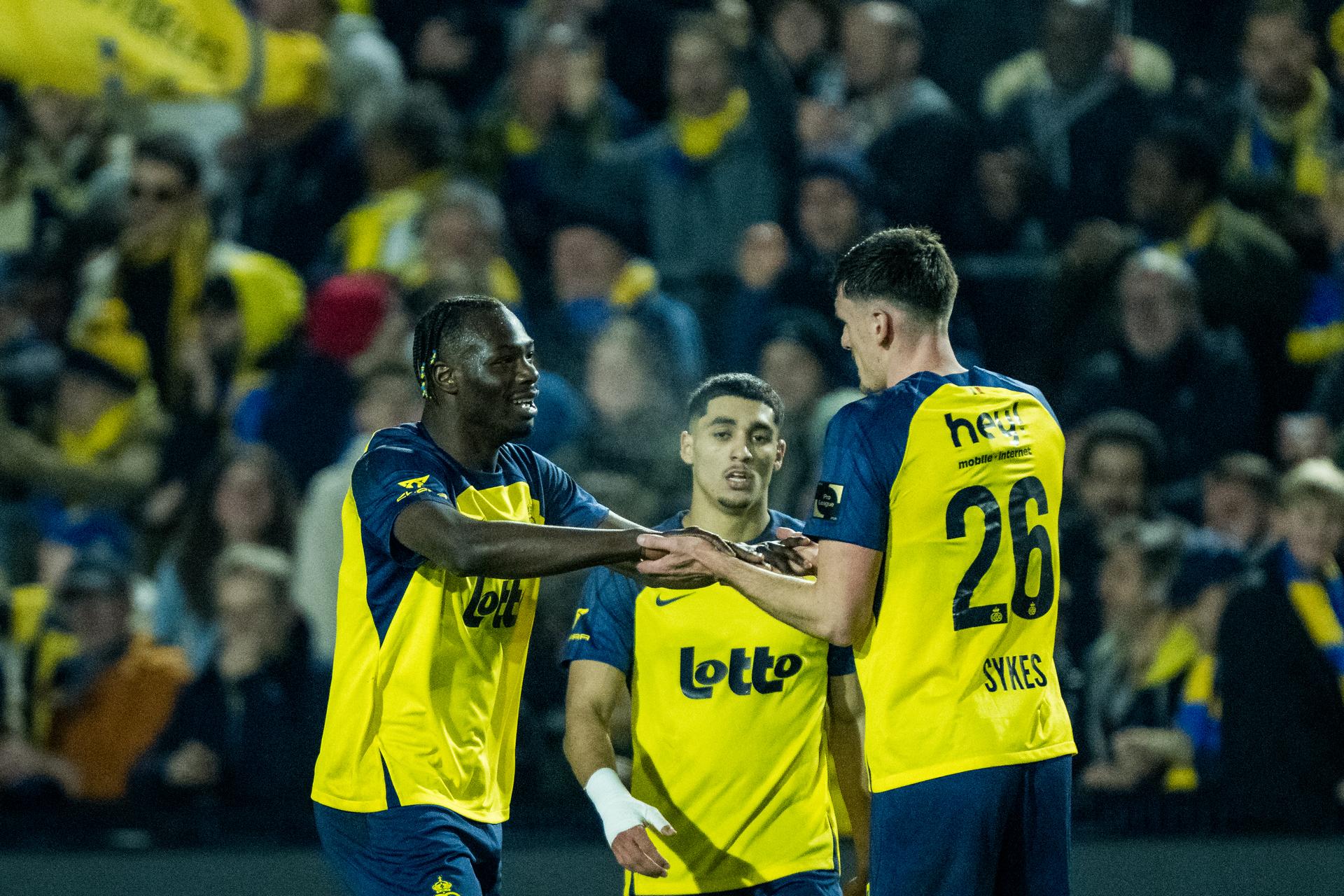 Union's Promise David celebrates after scoring during a soccer match between Royale Union Saint-Gilloise and KV Mechelen, Saturday 17 January 2026 in Brussels, on day 21 of the 2025-2026 'Jupiler Pro League' first division of the Belgian championship. BELGA PHOTO JASPER JACOBS