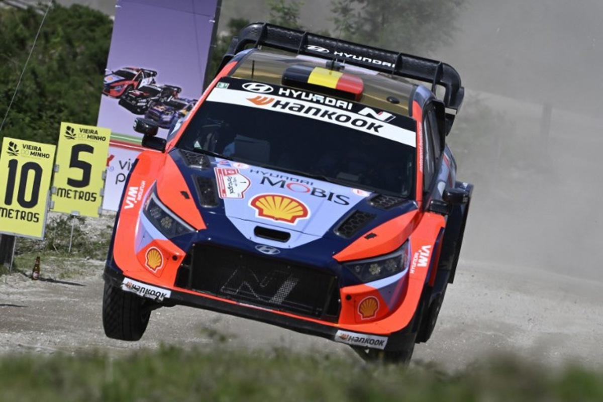 Belgian driver Thierry Neuville and co-driver Martijn Wydaeghe steer their Hyundai i20 during the SS15 stage of the World Rally Championship (WRC) Rally of Portugal in Vieira do Minho, on May 17, 2025. MIGUEL RIOPA / AFP