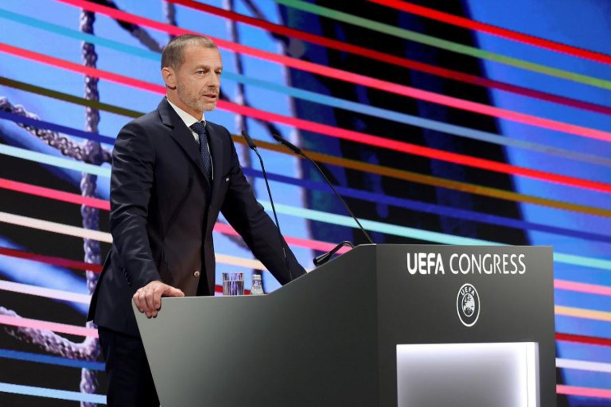 UEFA president Aleksander Ceferin addresses the audience during the 49th UEFA ordinary Congress held at the "Sava Centar" congress center in Belgrade on April 3, 2025. PREDRAG MILOSAVLJEVIC / AFP