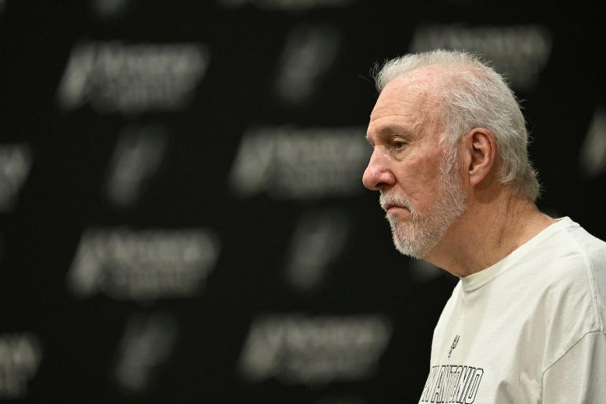 Head Coach and President of the San Antonio Spurs Gregg Popovich speaks during a media day ahead of the NBA season at the Victory Capital Performance Center in San Antonio, Texas, September 30, 2024. Patrick T. Fallon / AFP