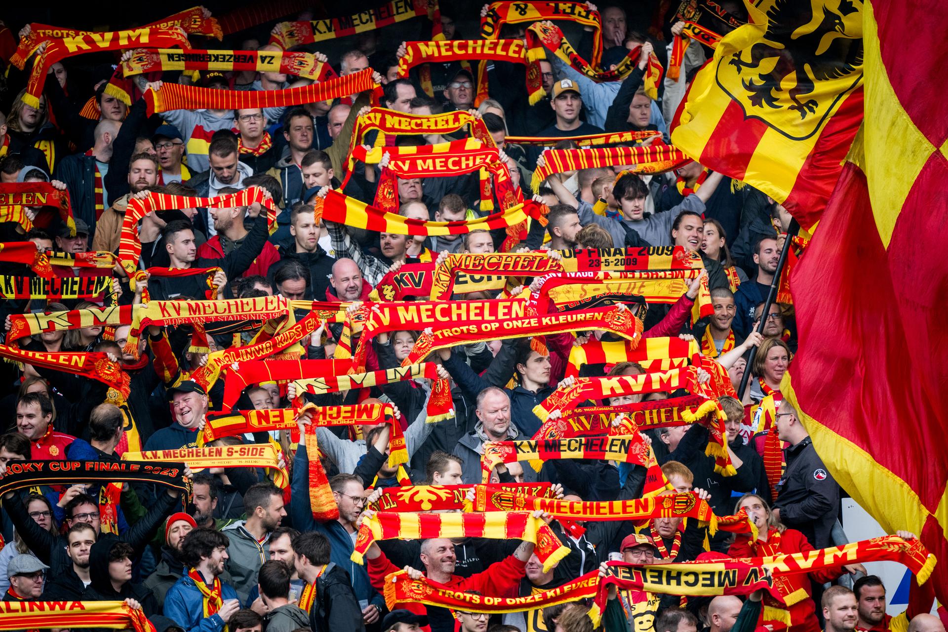 Illustration shows KV Mechelen's supporters in the stands ahead of a soccer match between KV Mechelen and KAA Gent, Sunday 06 August 2023 in Mechelen, on day 2/30 of the 2023-2024 'Jupiler Pro League' first division of the Belgian championship. BELGA PHOTO JASPER JACOBS
