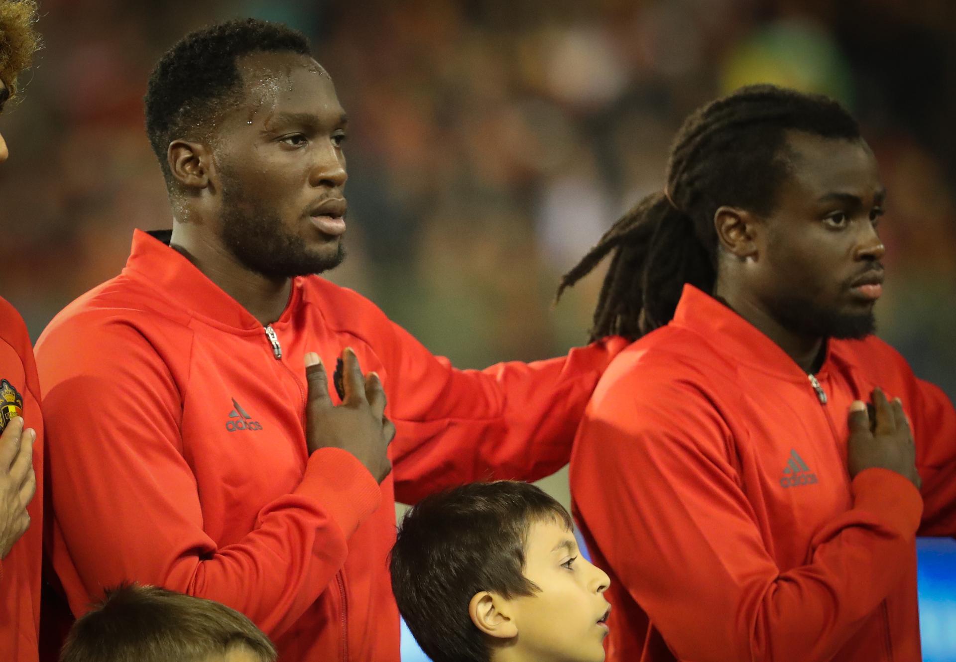 Belgium's Romelu Lukaku and Belgium's Jordan Lukaku pictured during the national anthem at the start of a soccer match between Belgium's Red Devils and Bosnia and Herzegovina, the second World Championships 2018 Qualification game in Group H, on Friday 07 October 2016, in Brussels. BELGA PHOTO VIRGINIE LEFOUR