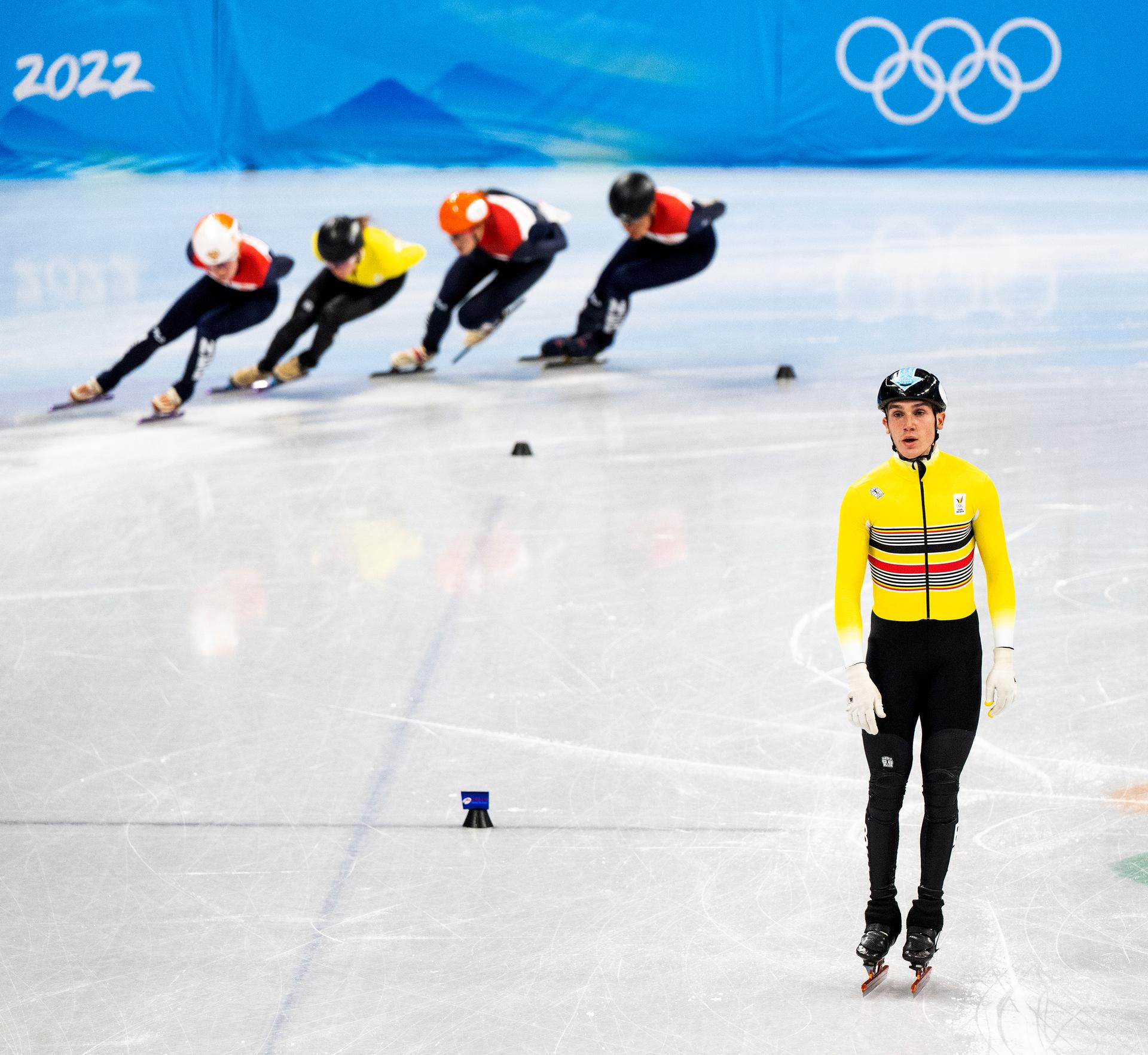 Belgian Hanne Desmet and Belgian Stijn Desmet pictured in action during a training session of the Belgian Short Track team, ahead of the Beijing 2022 Winter Olympics in Beijing, China, Tuesday 01 February 2022. The winter Olympics are taking place from 4 February to 20 February 2022. BELGA PHOTO KLAAS JAN VAN DER WEIJ *** NETHERLANDS OUT ***