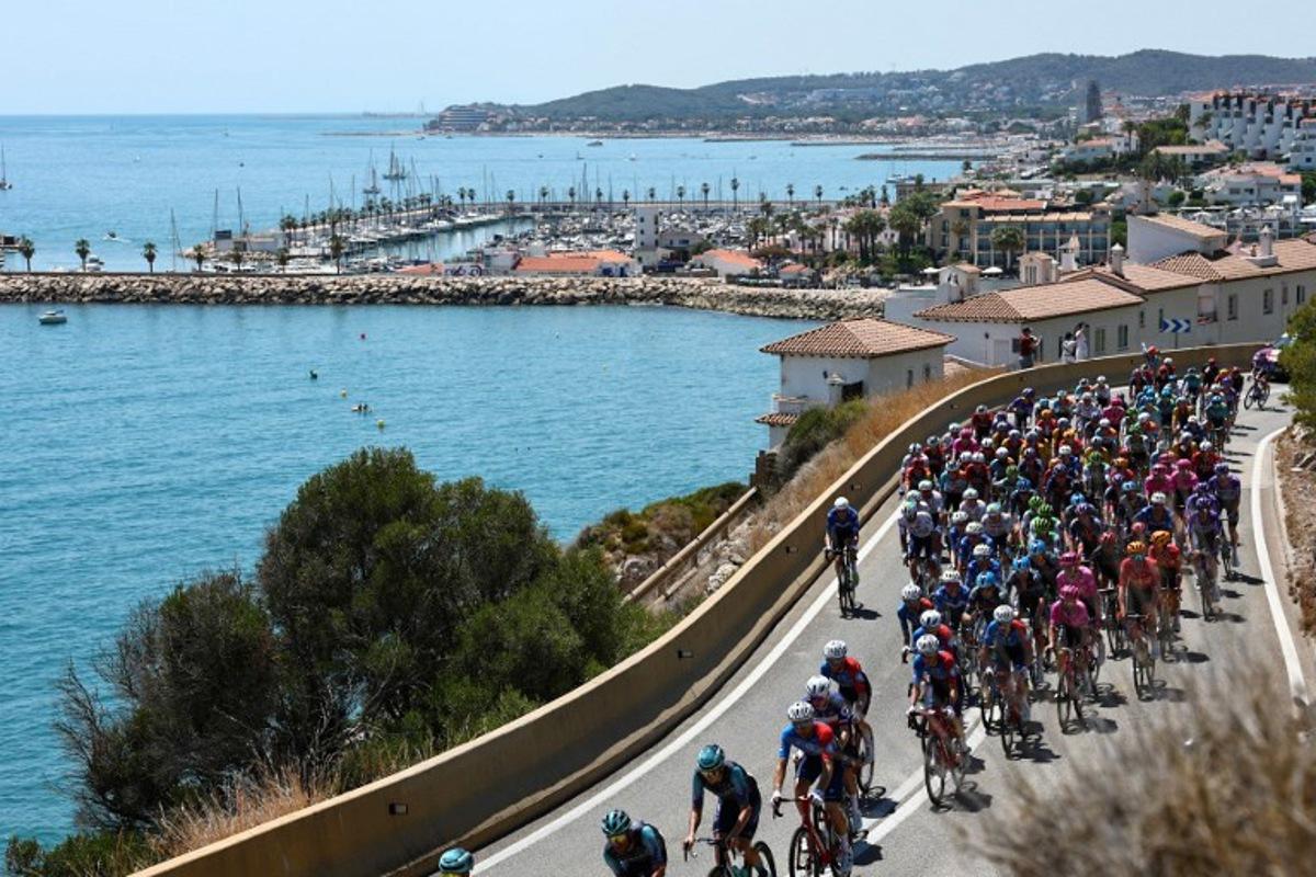 The pack of riders (peloton) cycles along the Mediterranean coastline near Sitges during the 2nd stage of the 113th edition of the Tour de France cycling race, 168,5 km between Tarragona and Barcelona in northeastern Spain, on July 5, 2026. Anne-Christine POUJOULAT / AFP