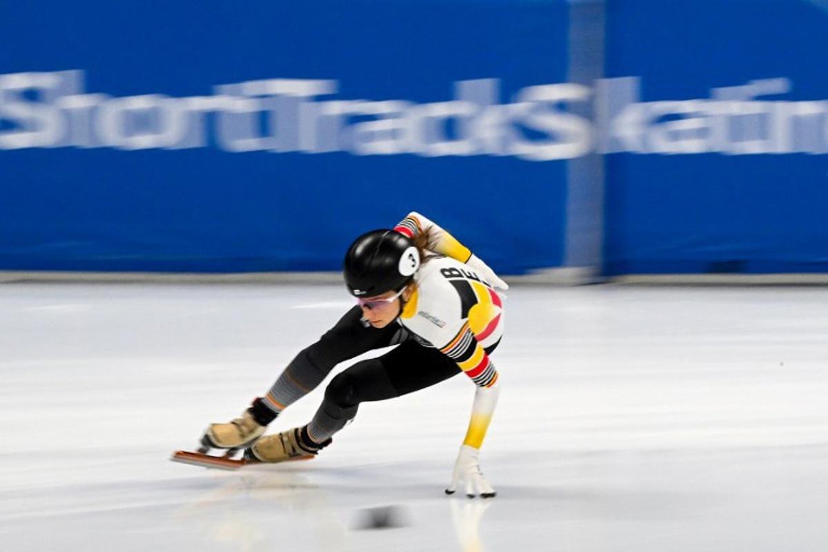 Belgium's Hanne Desmet competes in the women's 1500m semi-final at the ISU World Cup Short Track Speed Skating in Beijing on December 9, 2023. Jade Gao / AFP