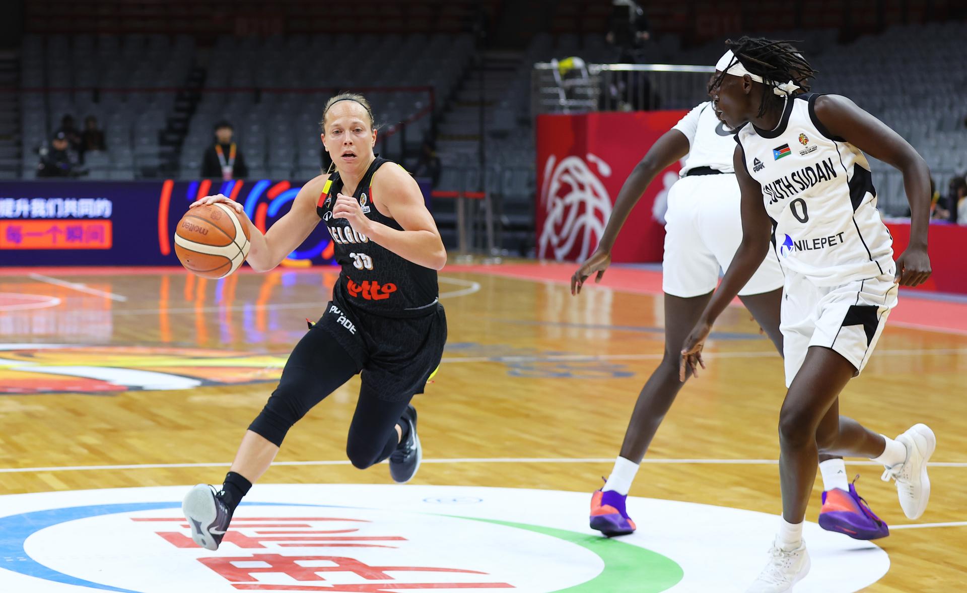 Belgium's Julie Allemand fights for the ball during a basket game between Belgium's national team Belgian Cats and South Sudan, in Wuhan, China, on Sunday 15 March 2026, the fourth game (out of 5) of the qualifications phase for the World Cup Basket tournament. BELGA PHOTO NIKOLA KRSTIC