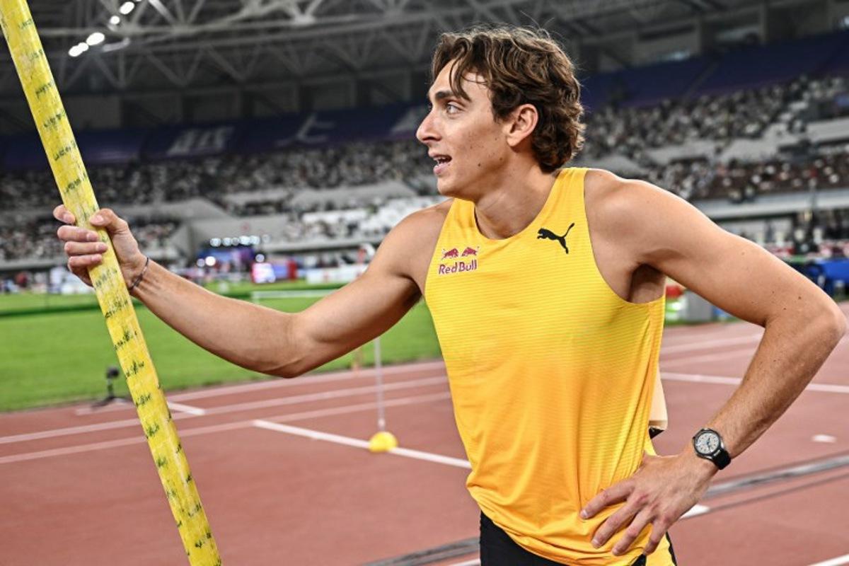 Sweden's Armand Duplantis gestures as he competes in the men's pole vault event during the Shanghai/Keqiao Diamond League athletics meeting in Keqiao, Shaoxing in China's eastern Zhejiang province on May 3, 2025. Pedro PARDO / AFP