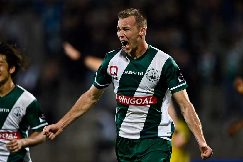 Lommel's Arno Verschueren celebrates after scoring during a soccer match between Lommel SK and Lierse Kempenzonen, Sunday 19 September 2021 in Lommel, on day 5 of the '1B Pro League' second division of the Belgian soccer championship. BELGA PHOTO JOHAN EYCKENS
