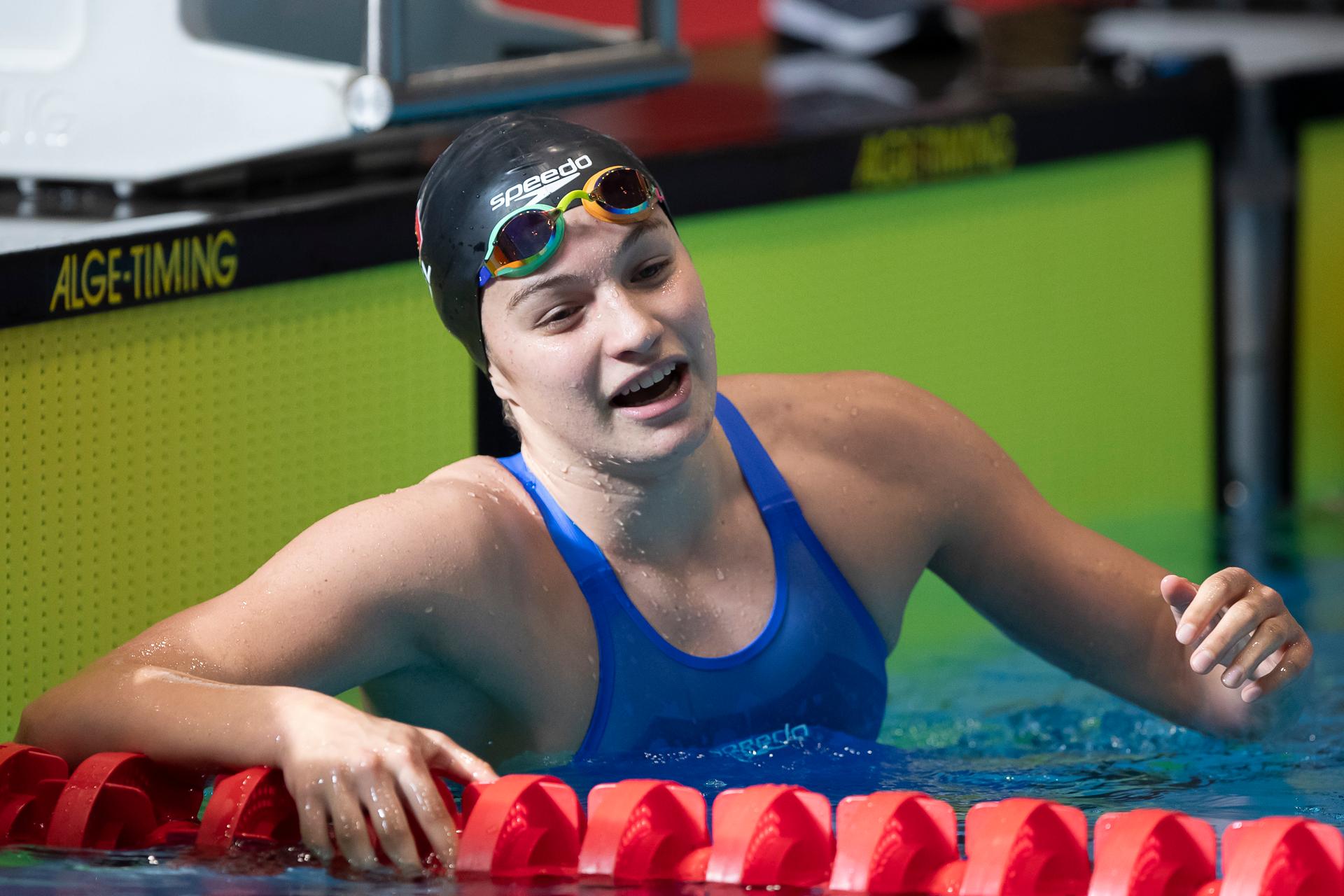 Belgian Sarah Dumont pictured after winning the women's 200m butterfly at the Belgian Swimming Championships, Sunday 21 April 2024 in Antwerp. BELGA PHOTO KRISTOF VAN ACCOM