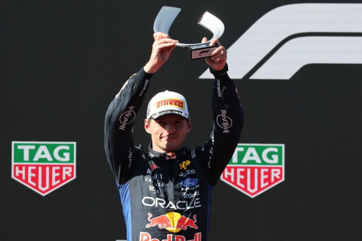 Second placed Red Bull Racing's Dutch driver Max Verstappen celebrates on the podium after the Spanish Formula One Grand Prix at the Madring circuit on September 13, 2026 in Madrid. Thomas COEX / AFP